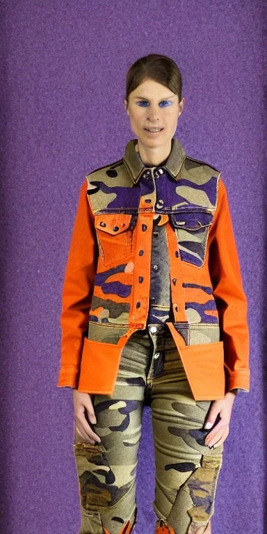 Model is woman. sérigraphie on denim with orange,terracotta, cream and purple colors. Camouflage patterns are screen printed on denim and felt. Woman in her 30's, thick thighs, thick calves, flat belly, wide hip. Mantle is sewed of recycled Denim and sewed together of camouflage pieces. It is with big bright purple felt tippet and cream-colored-hood. mantle is merged with satchel. Style: Haute Couture in 1920's and 1990's in New York. Paris in 2023