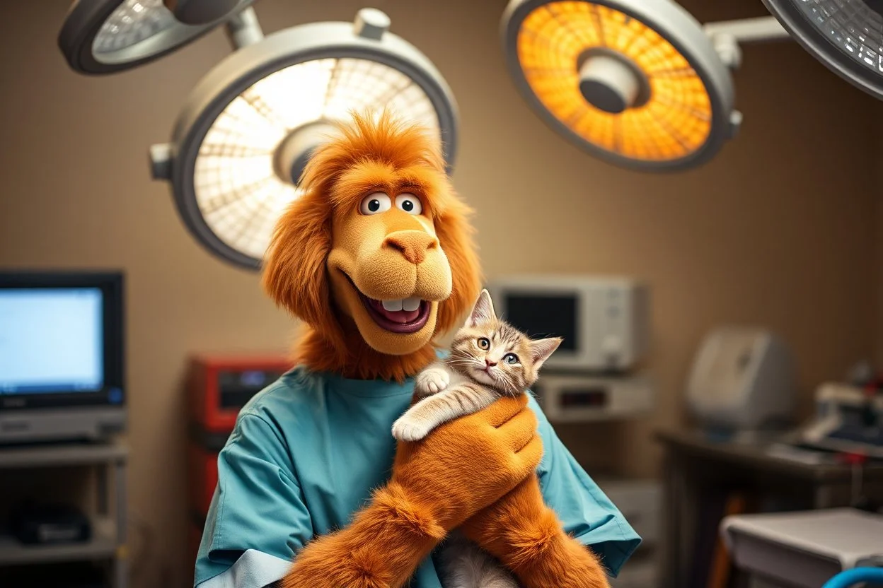 ALF from ALF tv show dressed in surgical scrubs holding a cat in an operating room, image through the Lens of a Sony A7R IV