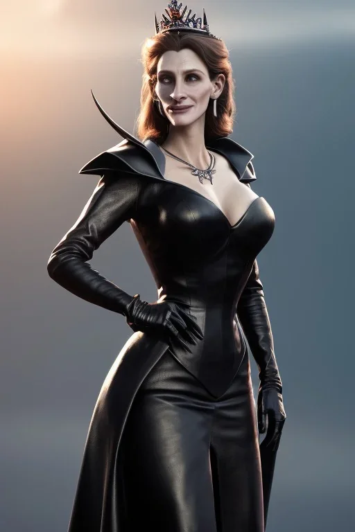 Julia Roberts as evil queen in black leather gown, evil, busty, cleavage, curvy, angry, stern look. character design by cory loftis, fenghua zhong, ryohei hase, ismail inceoglu and ruan jia. unreal engine 5, artistic lighting, highly detailed, photorealistic, fantasy