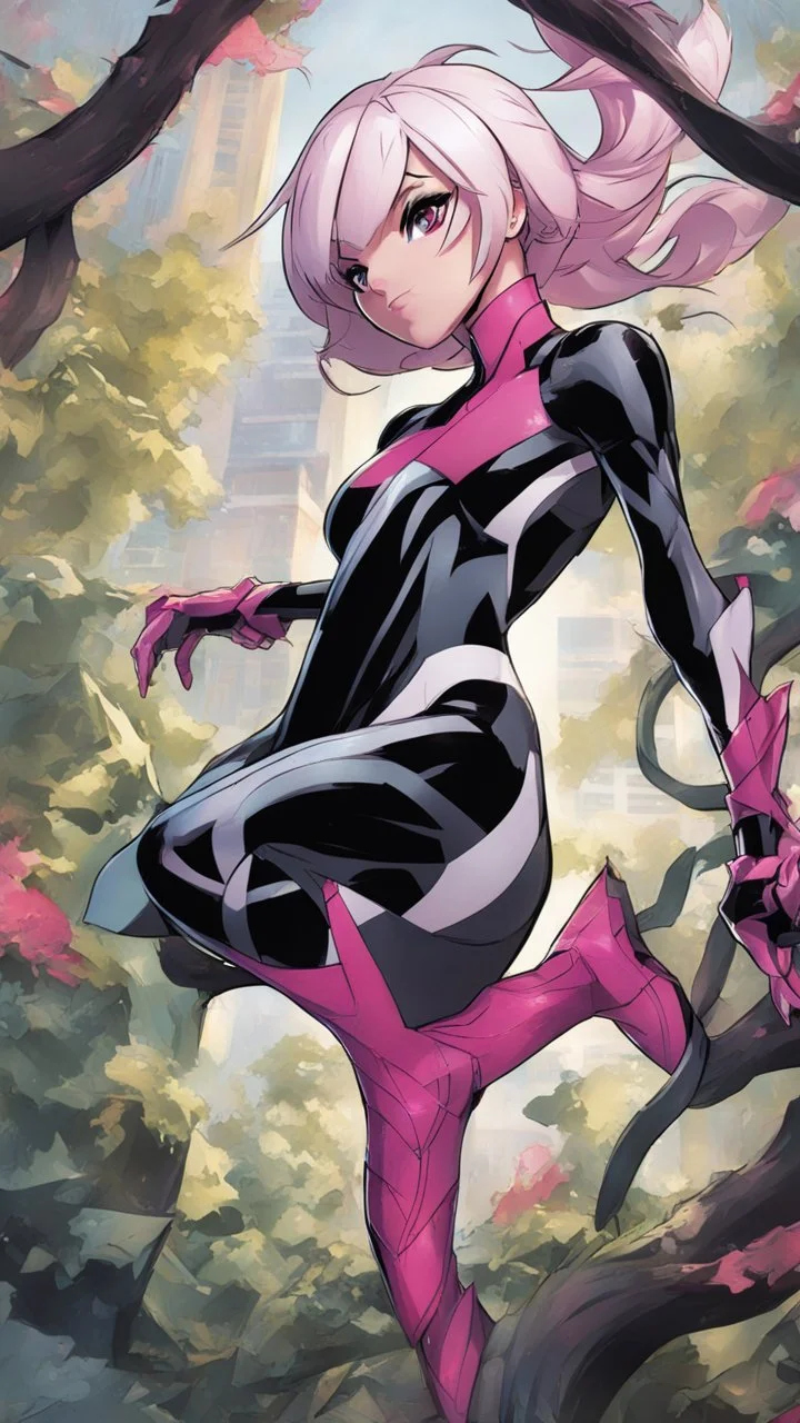 A close picture to Mix between gwenpool and symbiote, intricate details, highly detailedin in solo leveling shadow art style