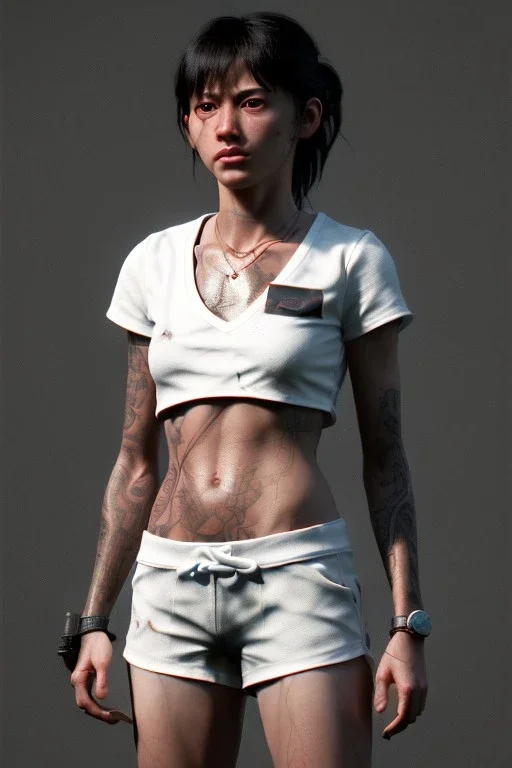 Ultra Realistic image, 25 years old brunette woman, Madrid, portrait, small stature, small chest, yakuza body tattoo, white broken cotton short undershirt, black latex short, akira anime style, night Tokio background, vibrant color, highly detailed, art stations, concept art, smooth, unreal engine 5, god rays, ray tracing, RTX, lumen lighting, ultra detail, volumetric lighting.