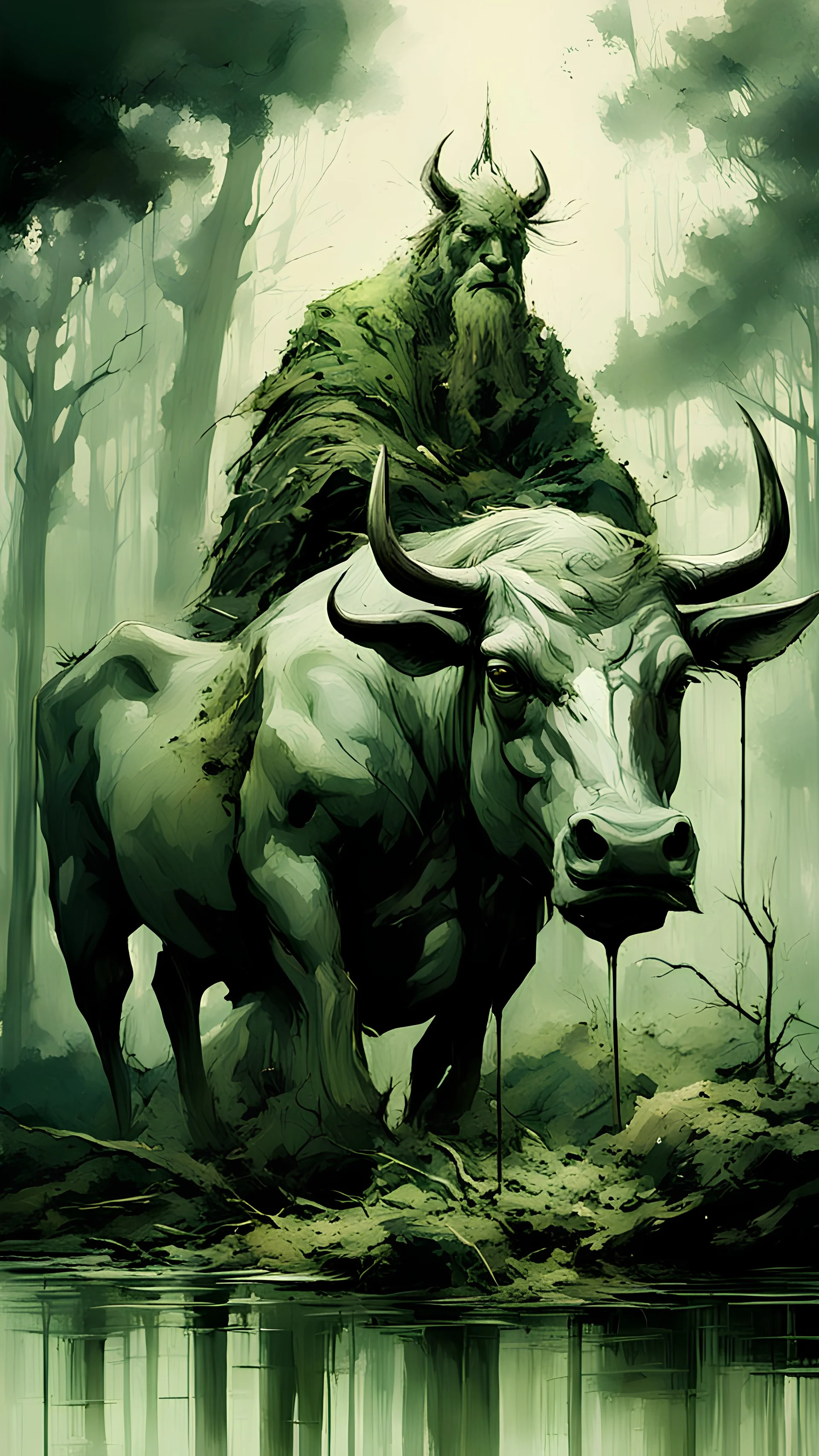 A bull or a horse with a wooden totem with spikes on it, in the middle of the forest. Opposite is a tree with a green-skinned man on it., by Ryohei Hase, Agnes Cecile, Raymond Swanland, Anne Bachelier