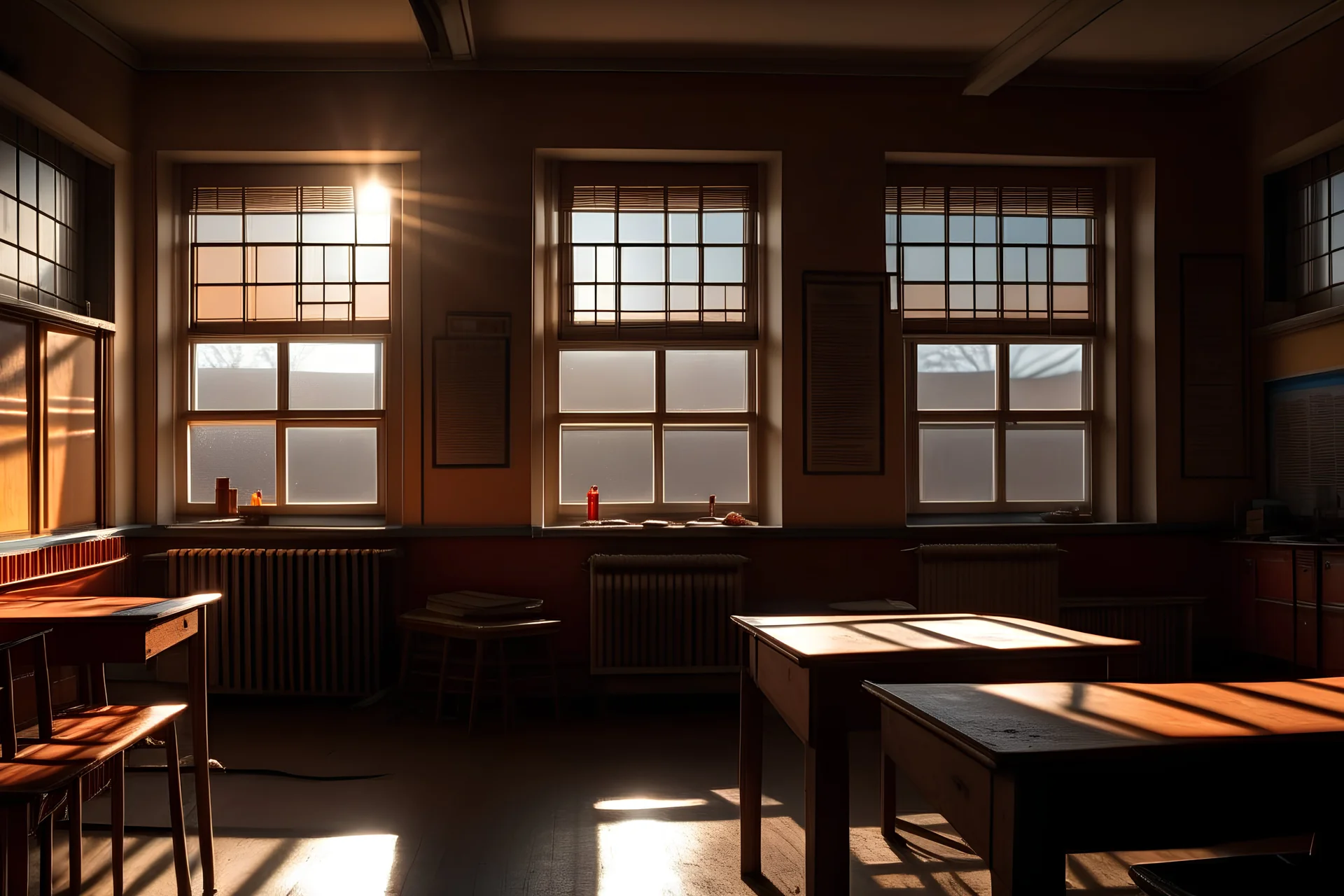 A photograph of an American classroom with evening light coming through the window.