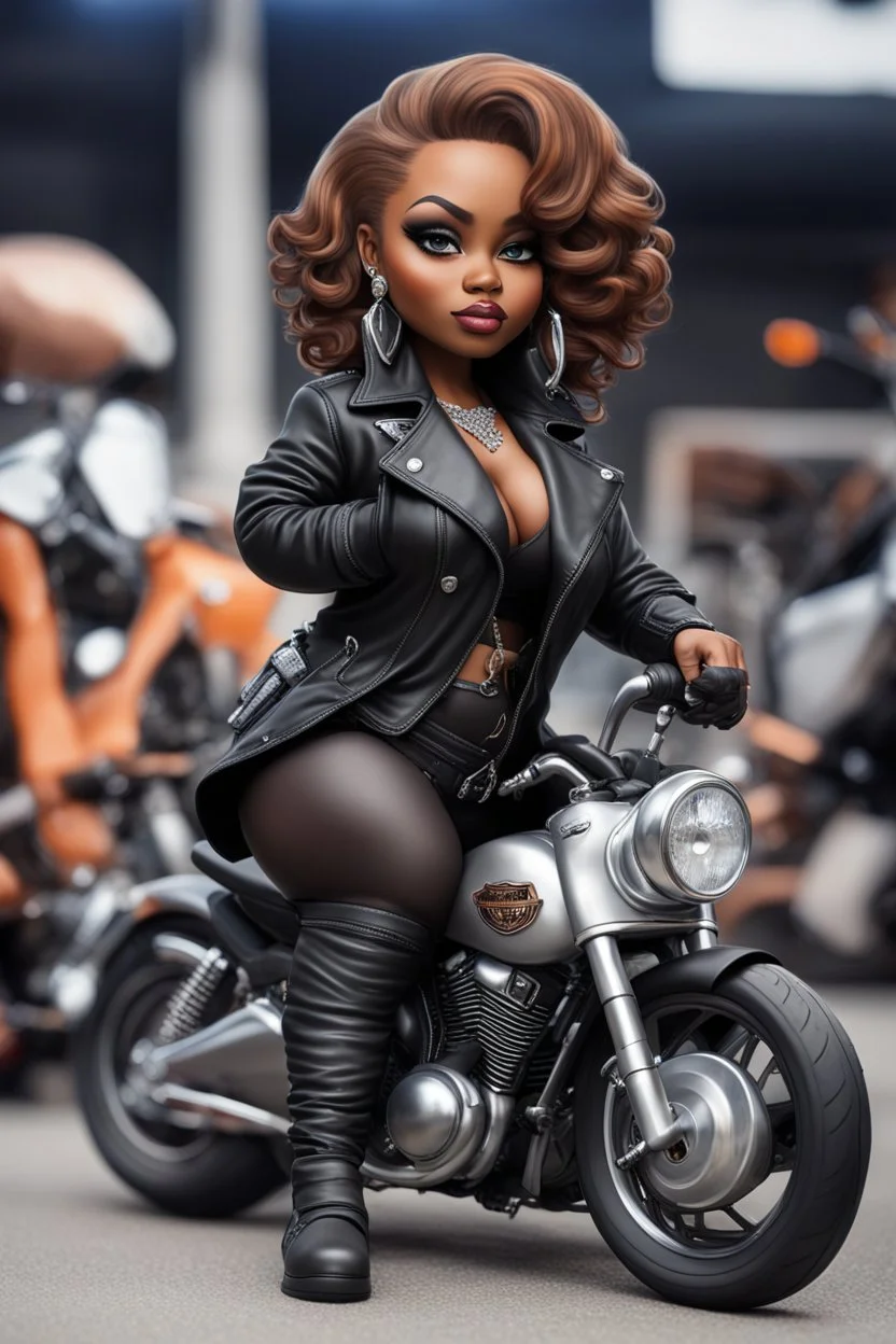 Create an airbrush image of a chibi curvy black female wearing a biker's coat and boots with black tights. Prominent make up with hazel eyes. She is sitting on a big Harley Davidson motorcycle at a bike show.