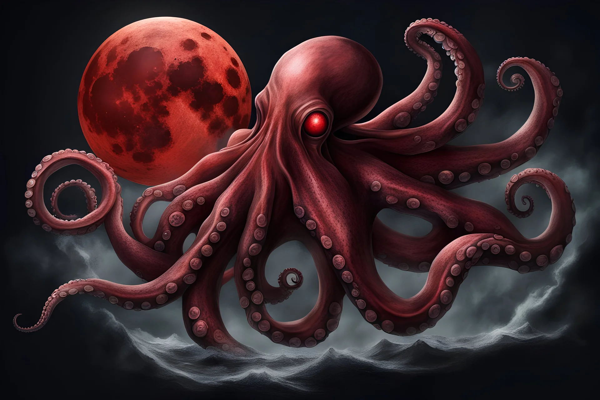 A realistic tattoo of an octopus wrapped around a blood moon