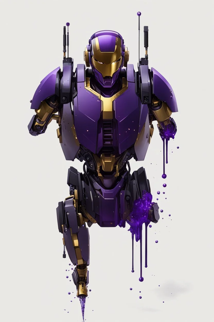 Human Like Cyborg, Royal purple and Gold, Combat Robot, Dangerous, Strong, Destroyed, Inside a Vat of Liquid