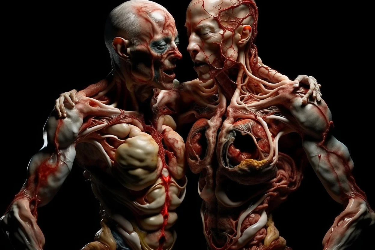 cinematic gore photorealistic fleshy photo of 2 waltzing fleshy torsos, conjoined contortionist torn twisted, turned inside out, anatomically fragmented, marbled, crackled, ripped apart again being flayed, skinned alive. beating heart, muscles, blood vessels, bowels, entrails are exposed, pieces of loose skin, anatomy and physiology, grotesque Bosch and Dali inspired hallucination, below view photo.