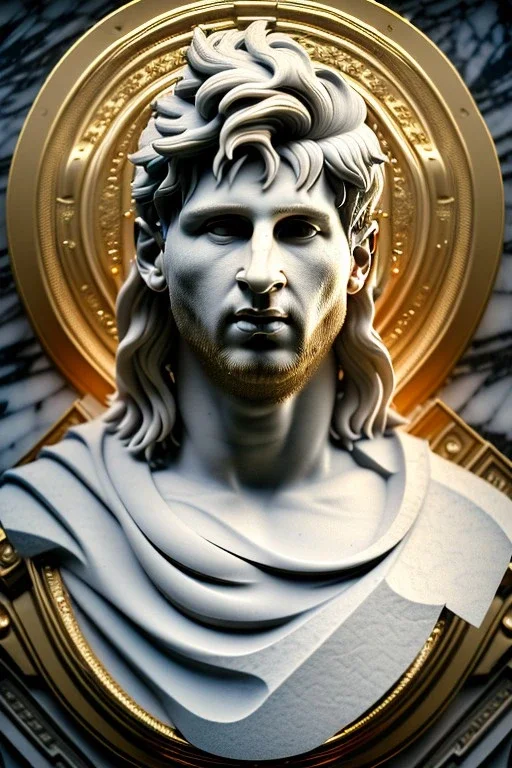 Ultra Realistic image, Roman sculpture, white marble material, Lionel Messi, sun radial crown, chisel style, waist up portrait, epic, celestial, cinematic lighting, God light, god rays, 4k resolution, smooth details, ornate details, soft lighting, unreal engine 5, marble background.