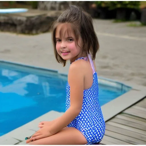 7 year old girl in blue swimsuit and shoes