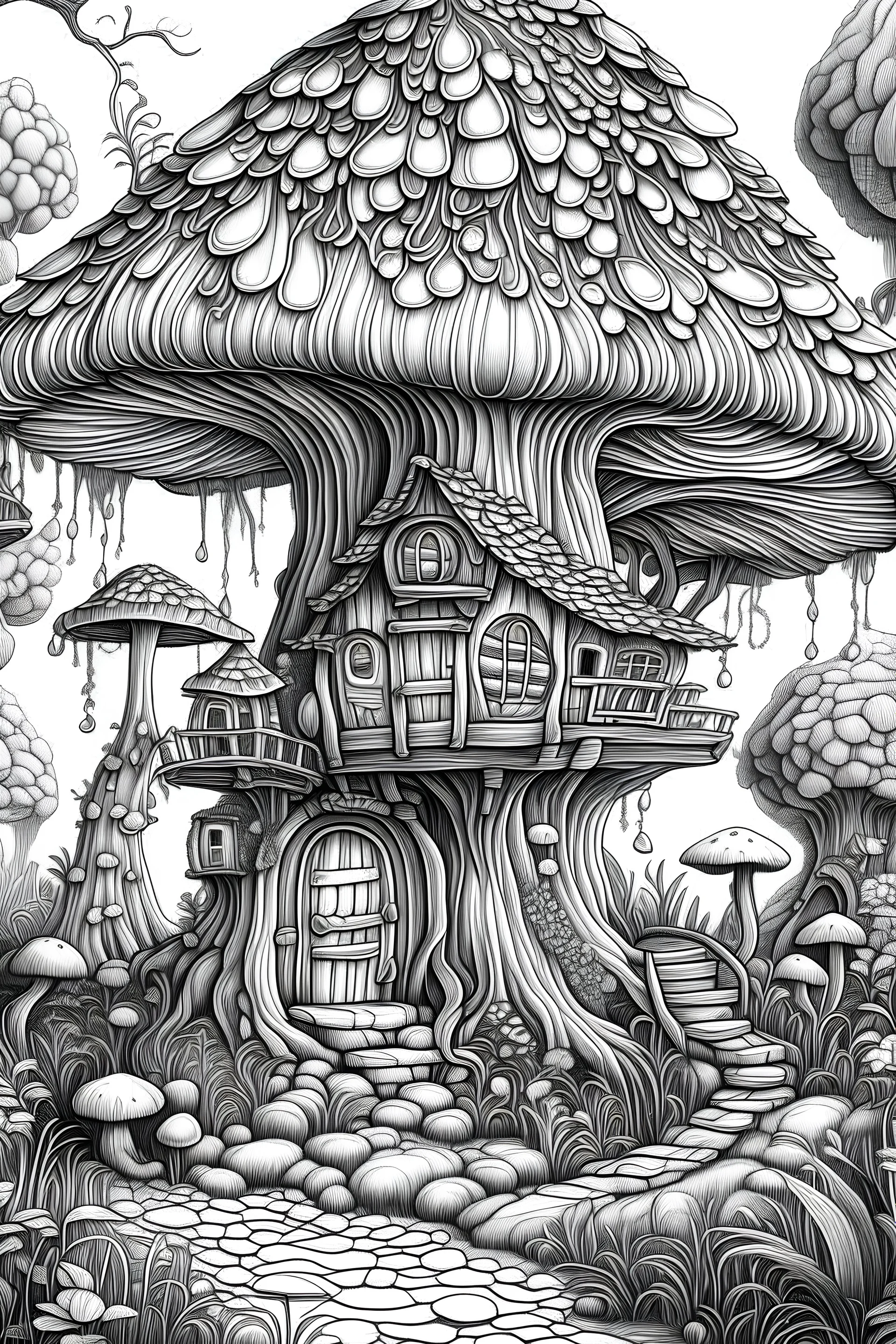 MANDELA STYLE .mushroom tree house in the forest Coloring Book for Adults and Kids, Instant Download, Grayscale Coloring Book