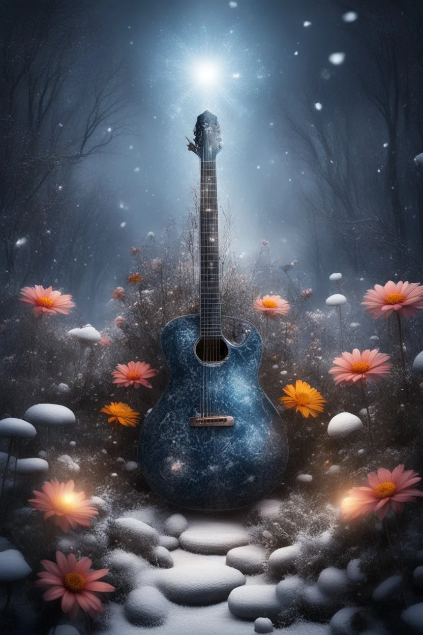 abyss containing rock music instruments in a flowers garden winter with cold sparks flying