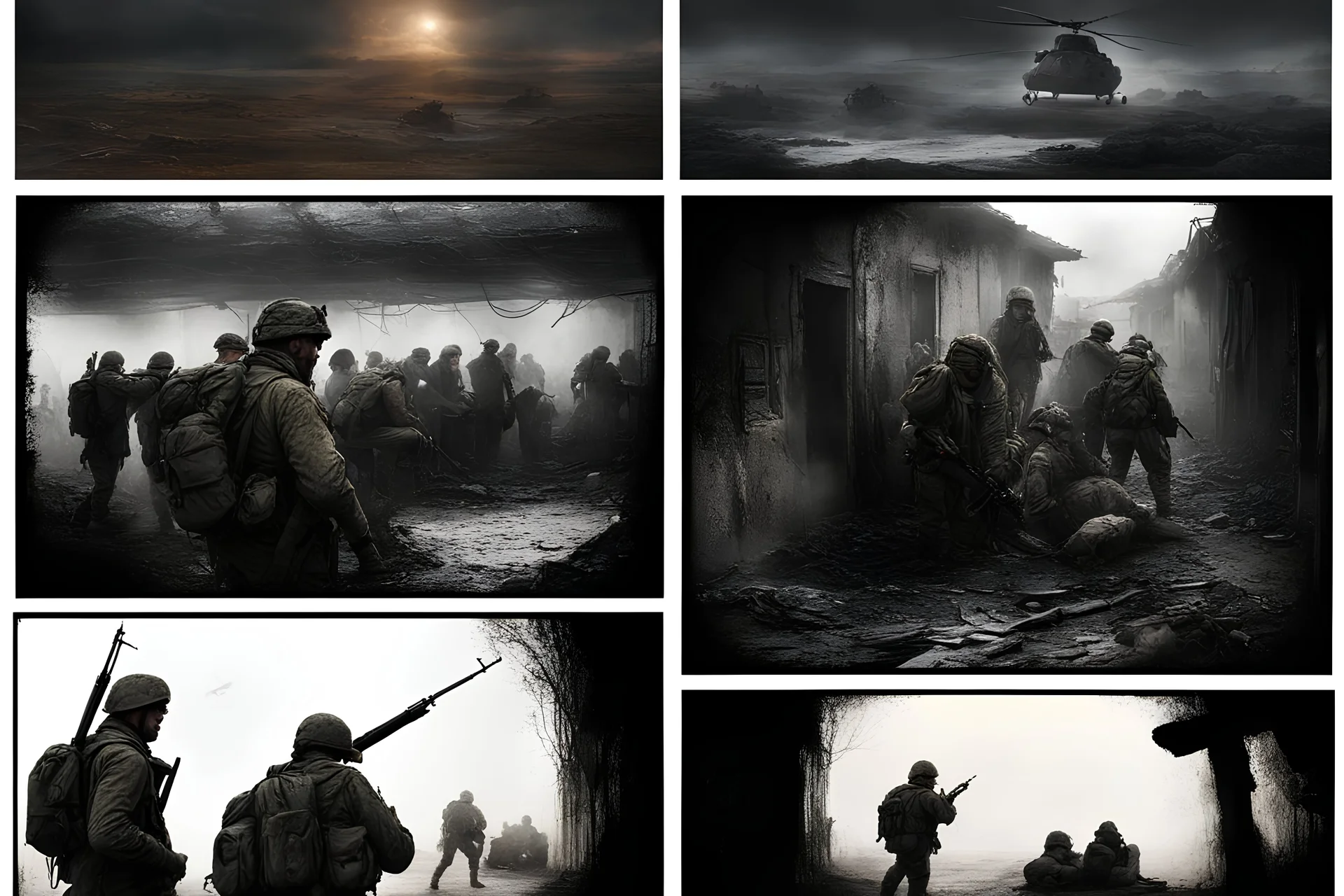 Masterpiece1:5)(Fineart), (award-winning:1.5), highest quality, (ultra realism:1.5) war journalism(,(by Tim Page and Hoorst Faas:1.5)),(Eastern Ukraine:(panel one:the moment after a battle ends, horrors of war, wounded men),(2nd panel, cinematic shot of men sitting in trench with 1000 yard stare (focus on their eyes:1.5)),(the third panel shows troops tired but hyper alert), (the fourth panel shows the sky is filled with incessant, fire and smoke everywhere,)