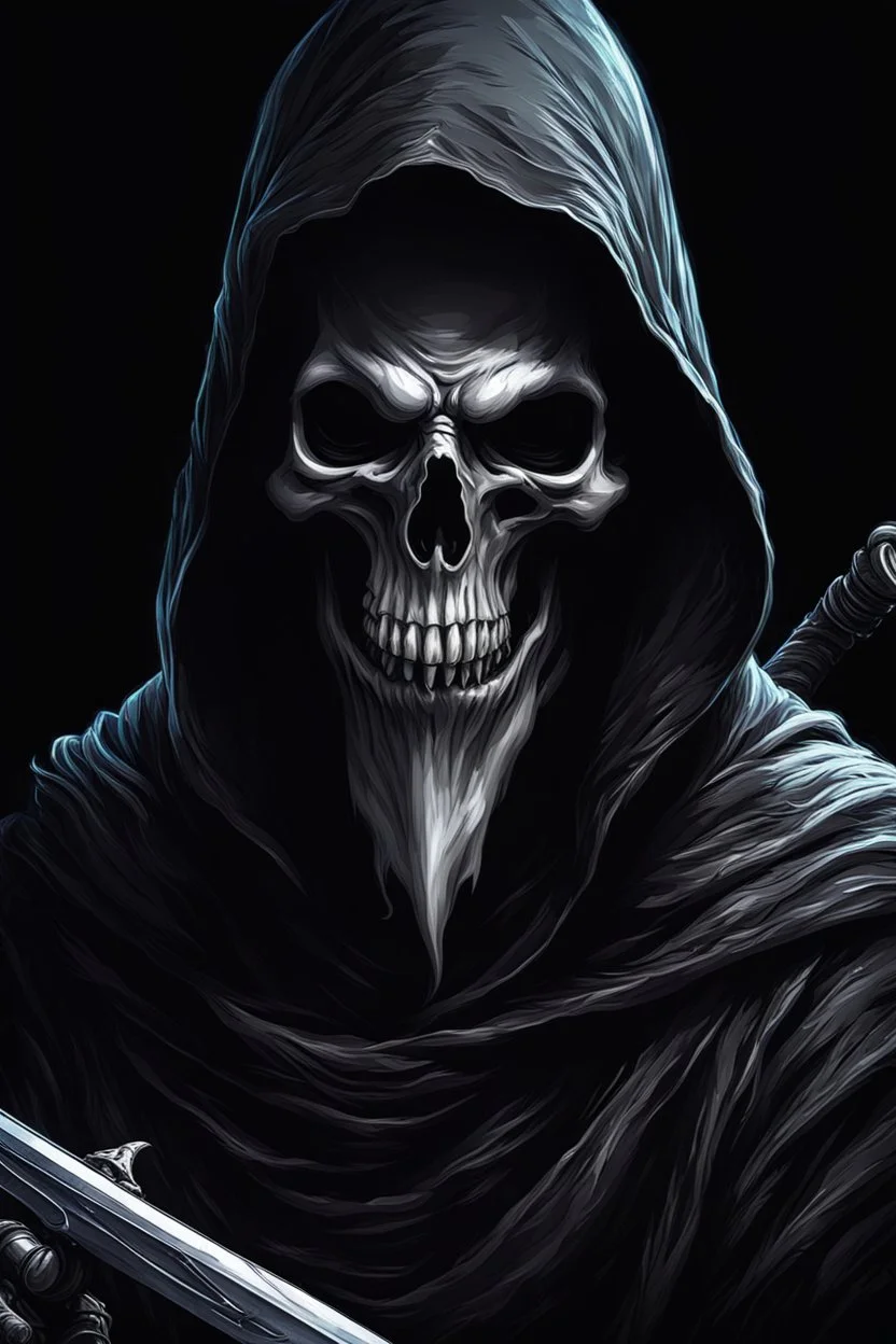 ultra high image quality, Grim Reaper Close-up of an set against AMOLED-worthy pure black backdrop, fantasy art style infused with filter, tailored for vertical wallpaper, exclusive design with no duplicates, radiating beauty suitable for a PC screen image, vivid colors, ultra fine, digital painting.