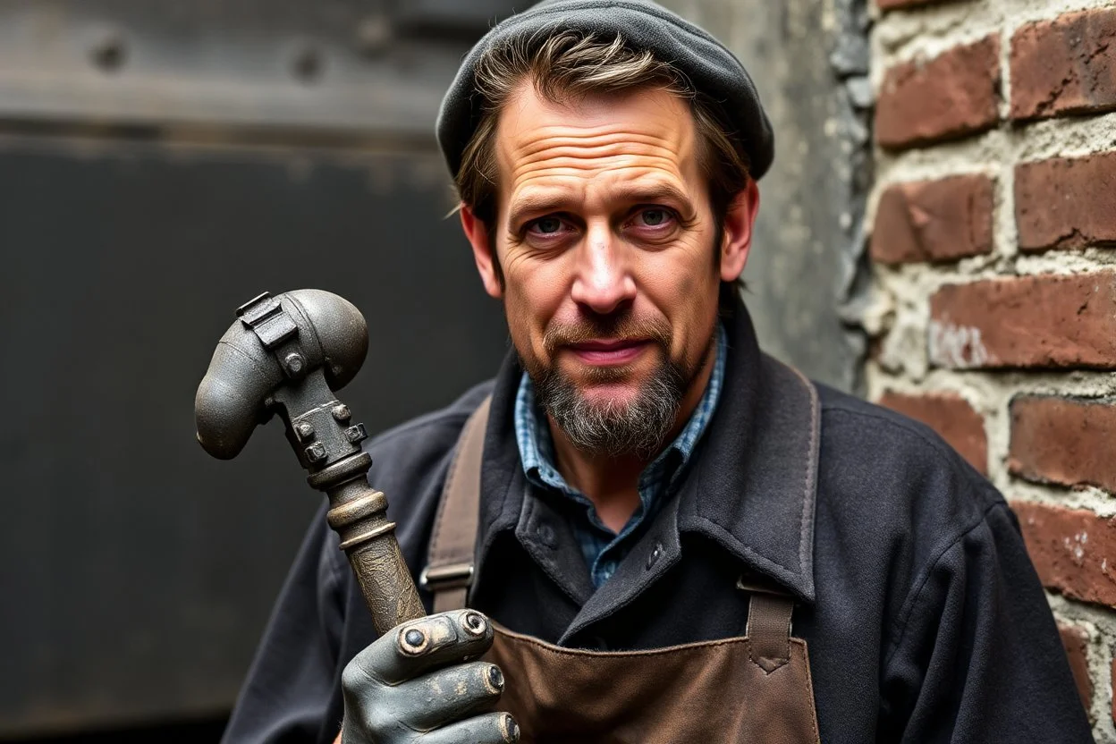 Mike Rowe of Dirty Jobs as a Victorian Chimney sweep, ashes smudged on face,