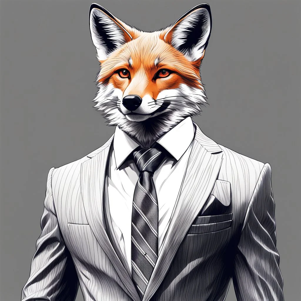 Illustrative sketch of a image of an humanoid fox, suit and tie, arte lineal ultra quality, 8k