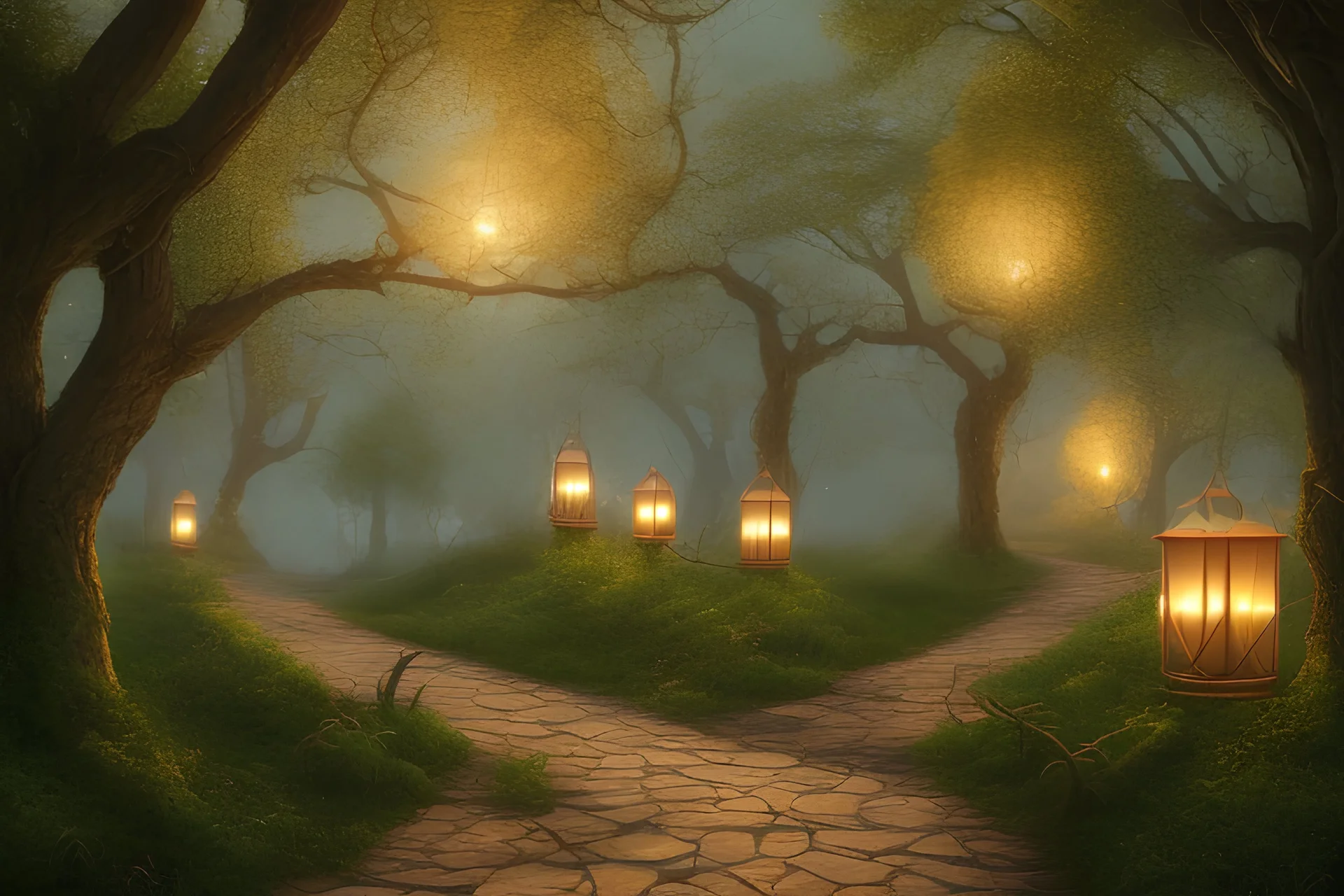  stone path lanterns forest