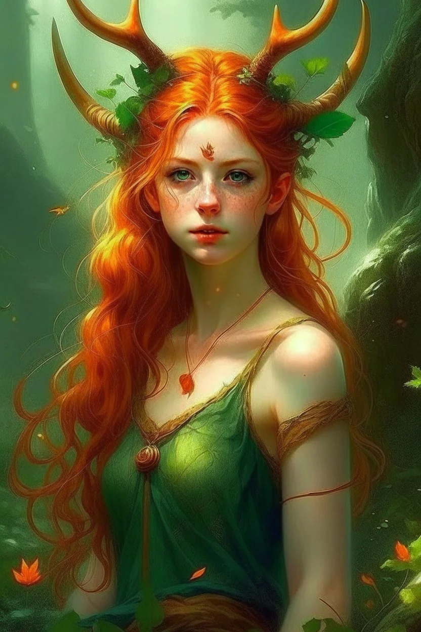 pretty girl, aged 17, ginger, conventionally attractive, realism, dreamy, tight top, bright clothes, full length, faun, satyr