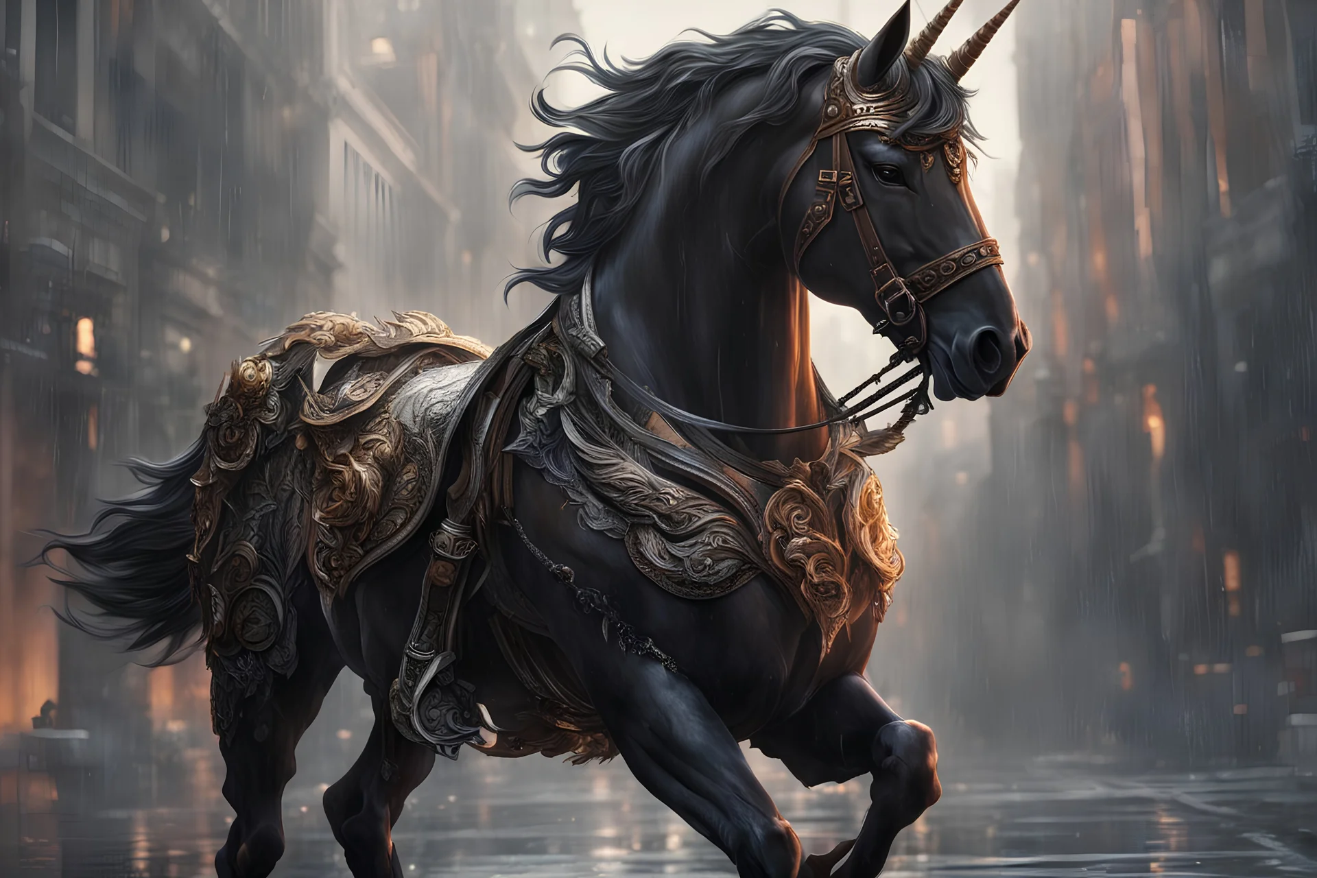 Flying Muscled humanoid demonic unicorn in 8k solo leveling shadow artstyle, machine them, close picture, rain, intricate details, highly detailed, high details, detailed portrait, masterpiece,ultra detailed, ultra quality