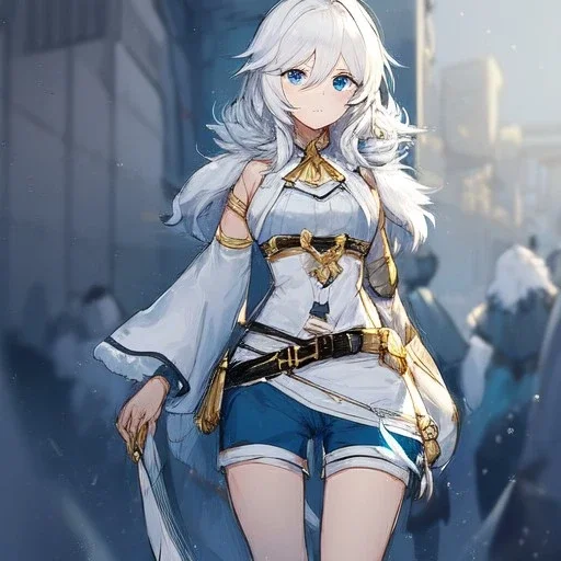 Clear focus, High resolution, rough line sketch art, short fluffy white hair, hair between eyes, fluffy hair, blue eyes, wearing a sleeveless shirt, wearing shorts, detailed outfit, lots of details, bow on belt, white belt, white and blue everywhere on outfit, cut sleeve, yellow chains around outfit