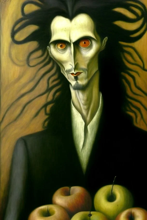 composition hair fully in focus full shot, Leonora Carrington fine detailed oil painting portrait of a man with apples