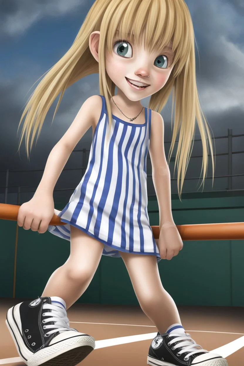 realistic stock photo, Realism engine, General Fast V2 (Flux), Create a realistic image of a female with long, straight blonde hair, the bangs cut straight across the forehead, hazel eyes, wearing a sleeveless, strapless, blue and white-striped nylon extremely short mini dress with a plunging neckline, knee high white socks and black converse tennis shoes, happy facial expression