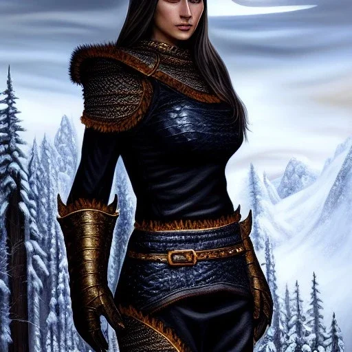 ultra detailed fullbody Portrait in oil on canvas of beautiful female DemonHunter with Skyrim Blackguard's Armor,extremely detailed digital painting, extremely detailed face,crystal clear Big eyes, mystical colors ,perfectly centered image, perfect composition,rim light, beautiful lighting,8k, stunning scene,extremely sharp detail,finely tuned detail, ultra high definition raytracing, in the style of Simon Bisley and Frank Frazetta and robert e howard and Greg Rutkowski and Ken Kelley