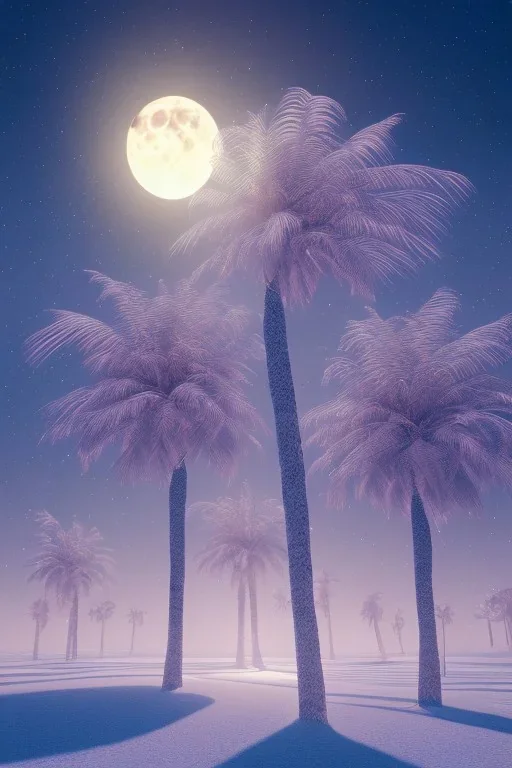 1980's aesthetic vaporwave palm trees with lighting with moon in the winter snow