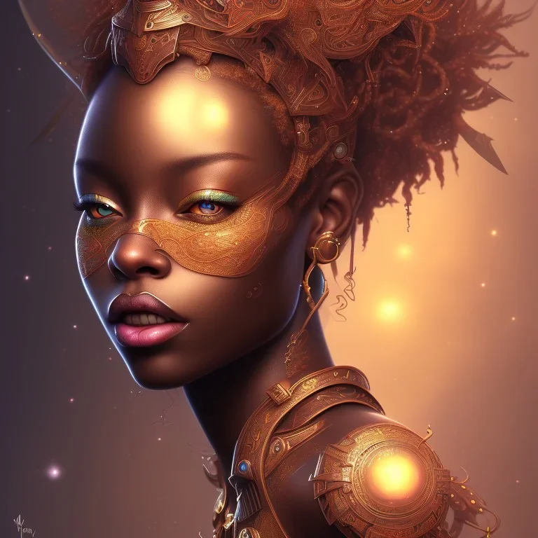 sango fantasy, fantasy magic, intricate, sharp focus, illustration, highly detailed, digital painting, concept art, matte, masterpiece head sexy view black African beauty black afro hair space lady foil carp skin African space night