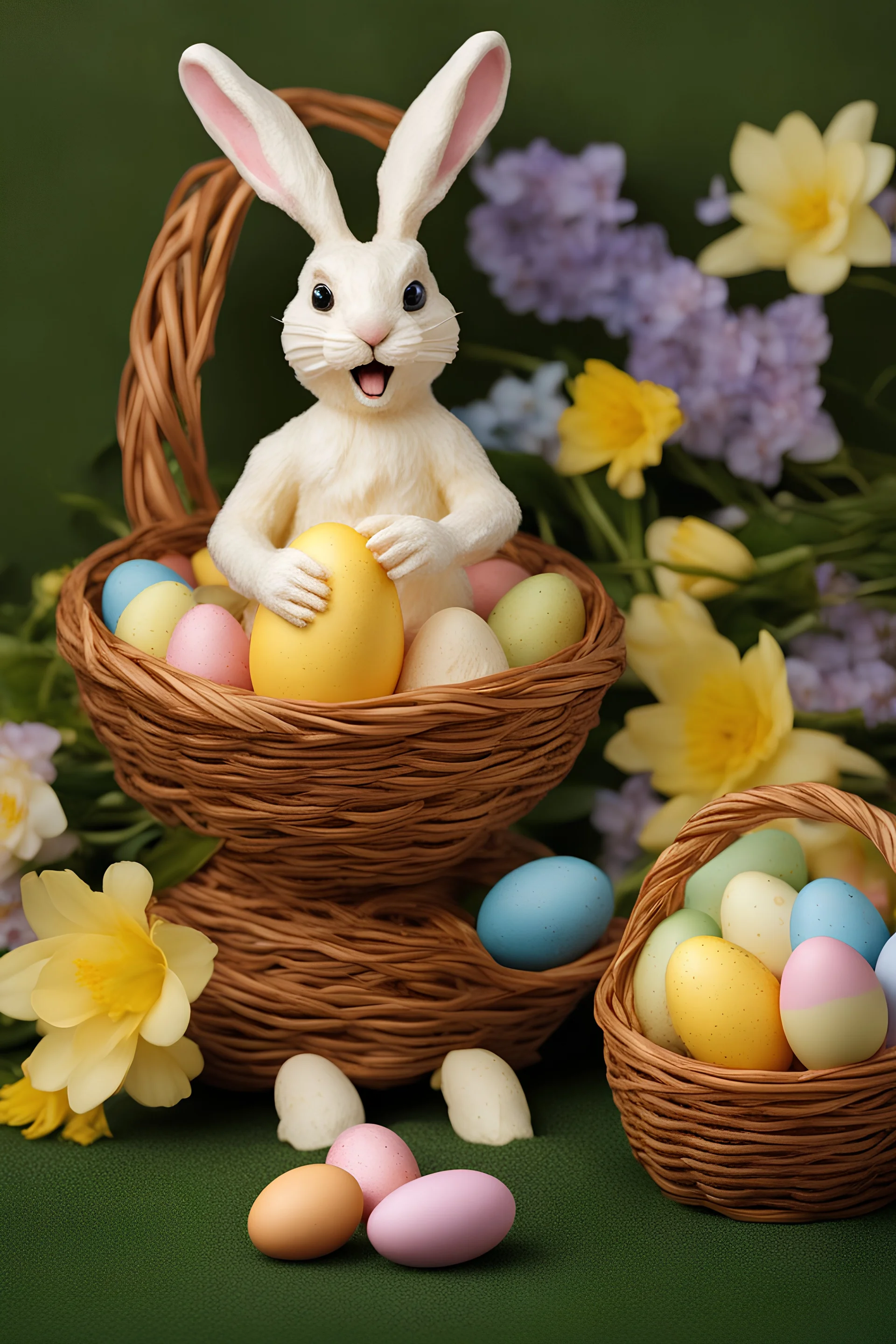 Realistic Easter bunny made of butter, eating an egg, in an Easter basket