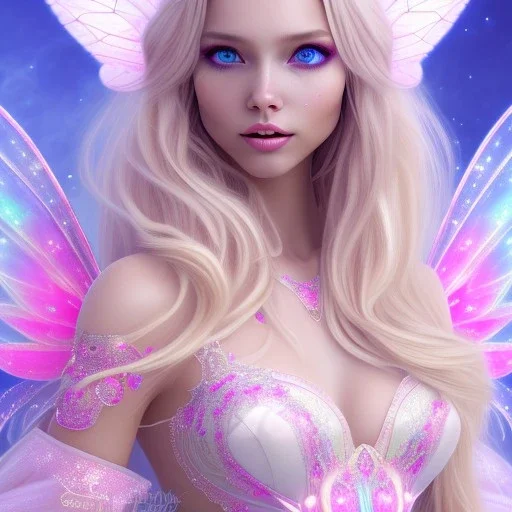 beautiful, soft, big smile face, whole head, long straight blonde hair blues eyes, crown on the head, clothing in transparent bluish and pink veil,fairy wings on the back, background brillante bluish and pink, hight definition, 8K