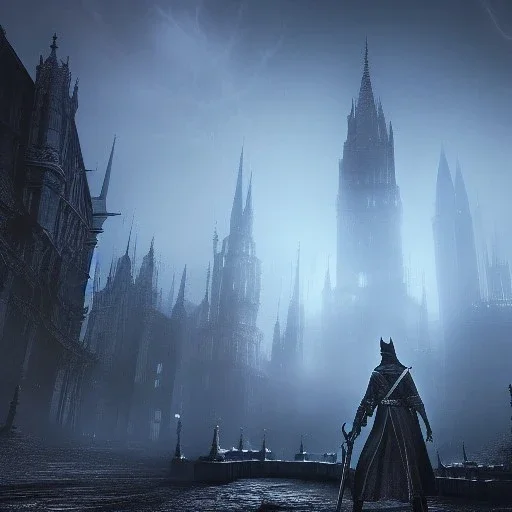 hyper realistic Bloodborne cityscape with intity looming in the fog