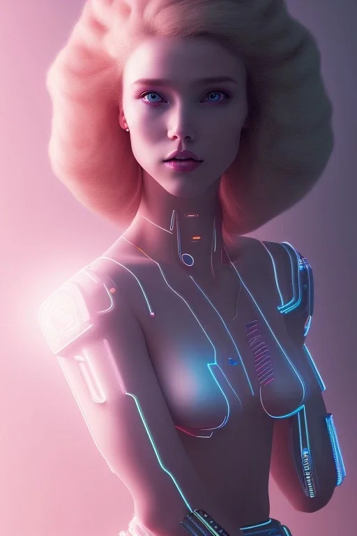 cyberpunk, head, women, portrai, tron sketch of a girl on lined paperA beautiful one nude body of a make up smiling woman blond long hair, alone, high key lighting, volumetric light high details with white stripes and blue eye, smiling with plump pink lips, flowers around, unreal engine petit prince belle fine, profil de trois quart, grand front cosmique, peau bleu cristalline, yeux bleu, perle sur le front long cheveux blond et rose etoilé, cristaux sur le corps, collier de grande princesse, l