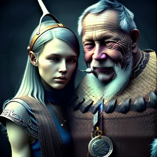 Viking theme, a younger woman sitting next to a 50-year-old man, portrait, 8K, close-up face, anatomically perfect face, Highly detailed stunning full frame portrait, misty and cloudy atmosphere