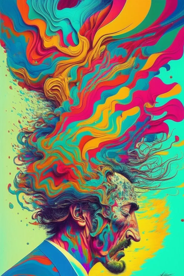 Man whose head is evaporating into the chaotic wind; Pop Art; Surrealism; Salvador Dali, Alex Pardee, Insanely Detailed; Intricate; Award-Winning; imperial colors