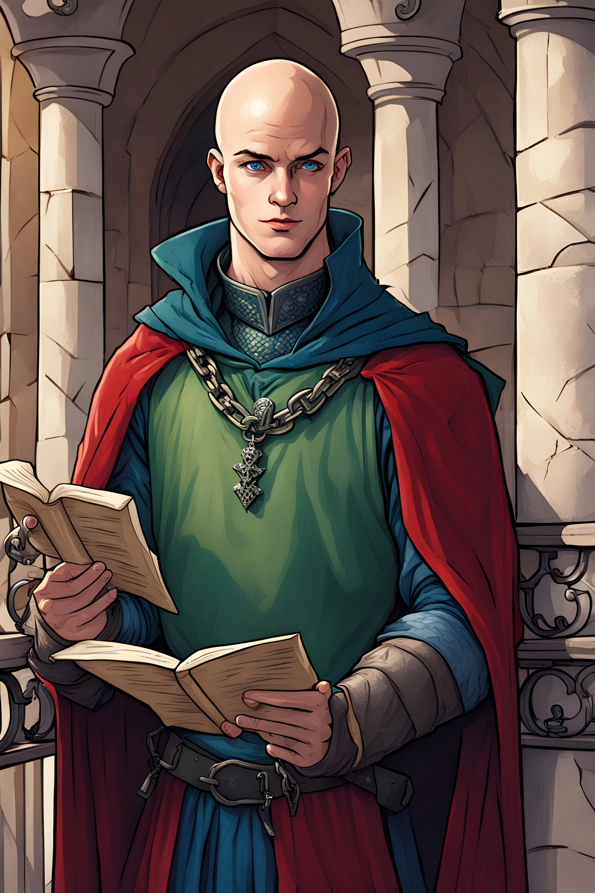 young adult man, bald with blue eyes, green renaissance clothes, red vest, blue cloak, chain mail, reading a scroll, standing in a balcony, comicbook art style