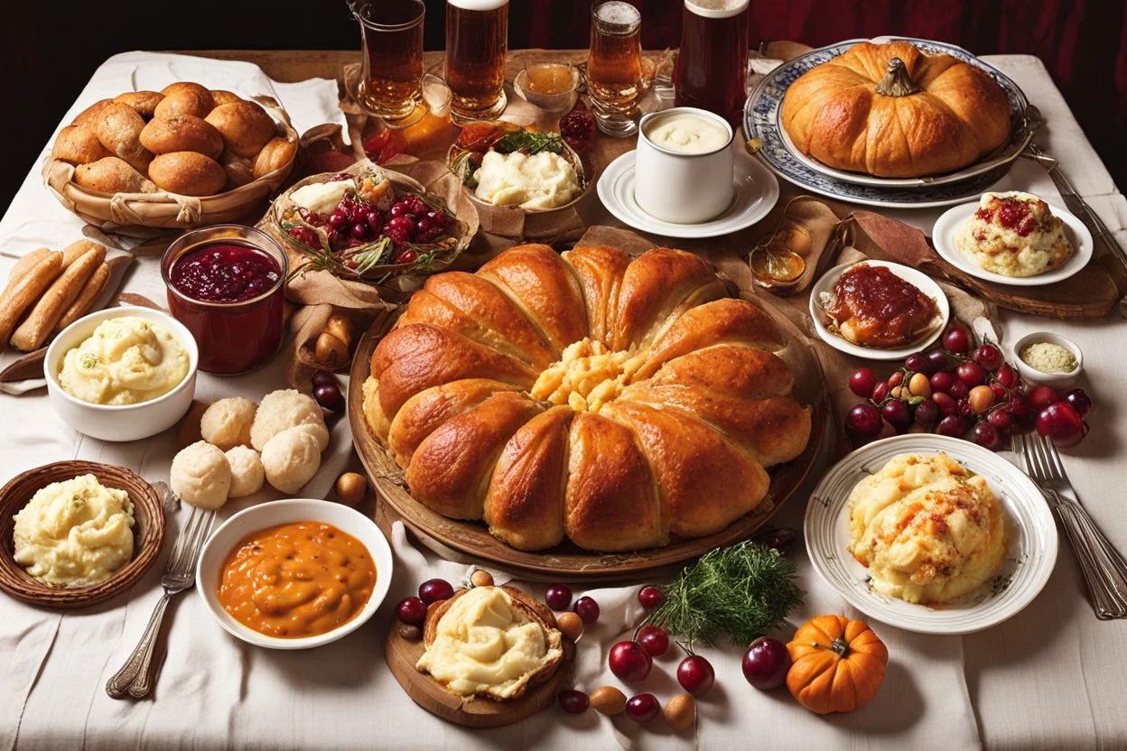 Full Thanksgiving table spread beautifully photographed ;; overflowing massive portions of mashed potatoes, turkey, cranberry sauce, dinner rolls, yams, pumpkin pie, beer!, thanksgiving table accouterments, pilgrim elements; Photorealism, by Cindy Sherman, by Robert Frank, hardy portions, natural lighting, insanely detailed, densely packed busy, dramatic perfect picture in a Food Magazine, mouthwatering, maximalist, infinity stretch table.