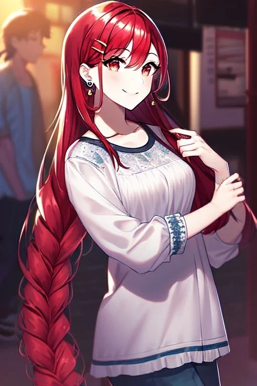 girl, masterpiece, best quality, cinematic lighting, detailed outfit, vibrant colors, perfect eyes, red hair, red eyes, long hair, braided ponytail, hairclip, earrings, smile, casual clothes,