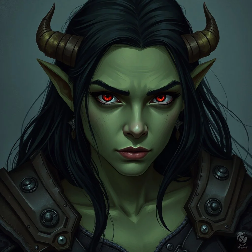 A digital illustration shoot from a portrait camera angle about a portrait of a young orc woman with dull green skin. In the middle of the image, a 20 years old orcish woman, appears to be looking at the viewer lost in thought. she has long black hair, red eyes, and is wearing armour. Fantasy, skyrim, magic, she does not have horns