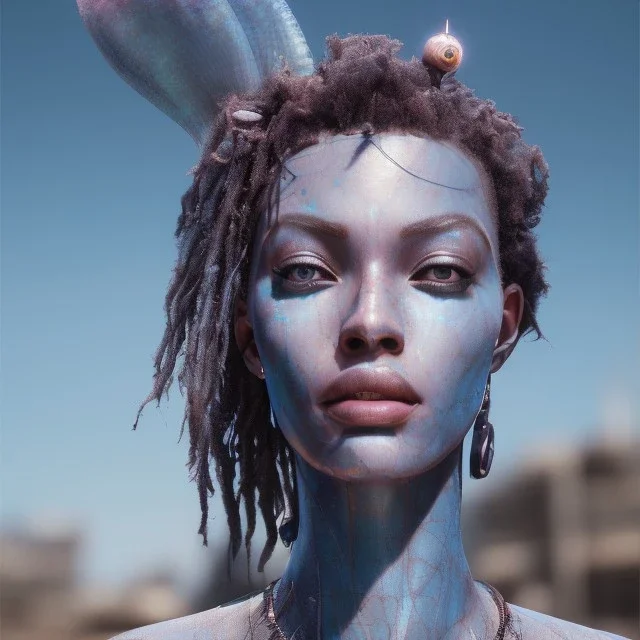 portrait,beautiful african robotic sirene, post-apocalyptic in a cyberpunk city, realistic, intriacte detail, sci-fi fantasy style, volumetric lighting, particales,highly detailed,cinematic, deep blue.