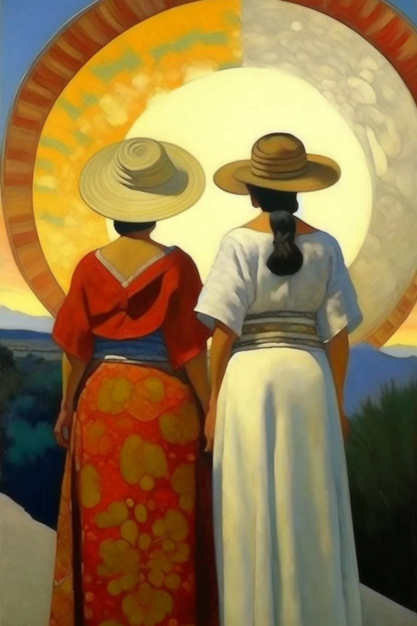 2 mexican woman painting neoclassism standing from the back whole body zoom out looking at the sun