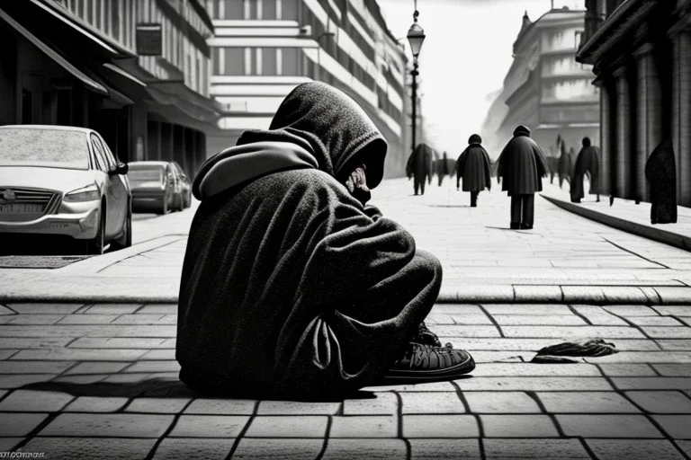 One single mature homeless huge penguin with worn out clothes, short trouser, t-shirt, sitting in a corner on the street, wine bottle , Vienna, mourning, model style, hyper realistic, extremely accurate, delicate, extremely detailed, Graphic novel style, wide-angle, open aperture, superfine pencil