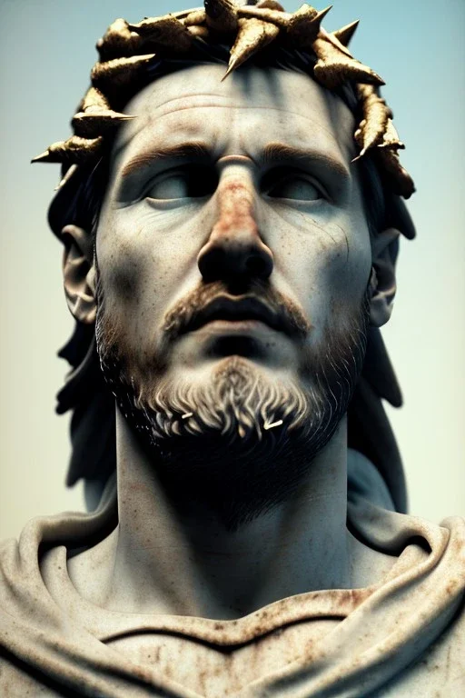 Ultra Realistic image, Roman sculpture, white marble material, Lionel Messi, gold crown of natural thorns, god crown, Renaissance style, sun rays background, waist up portrait, epic, celestial, cinematic lighting, God lights, 4k resolution, smooth details, soft lighting, unreal engine 5, art station, substance 3d.