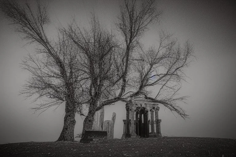 Creepy mausoleum at night, trees