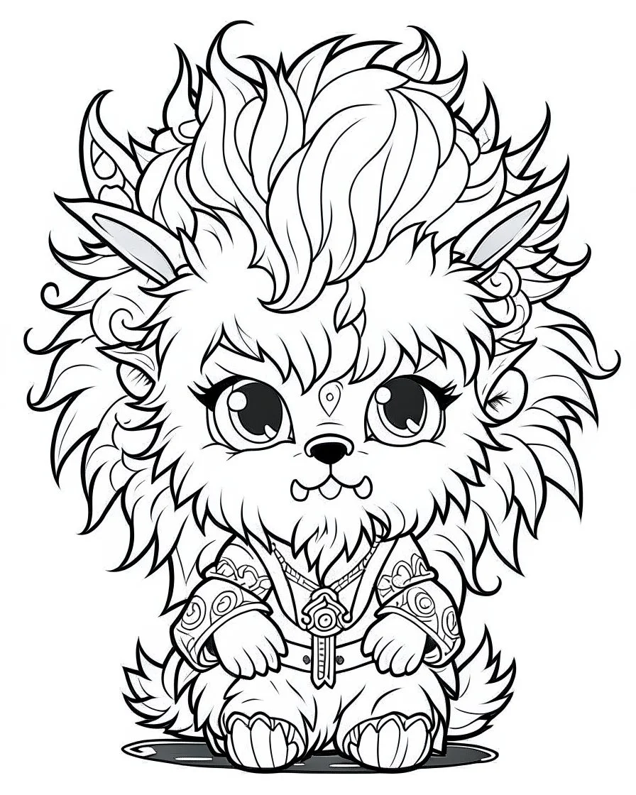 coloring page, small Gothic chibi werewolf with wild, fluffy hair, Manga style, thick lines, low detail, no shading, --ar 9:11 --v 5