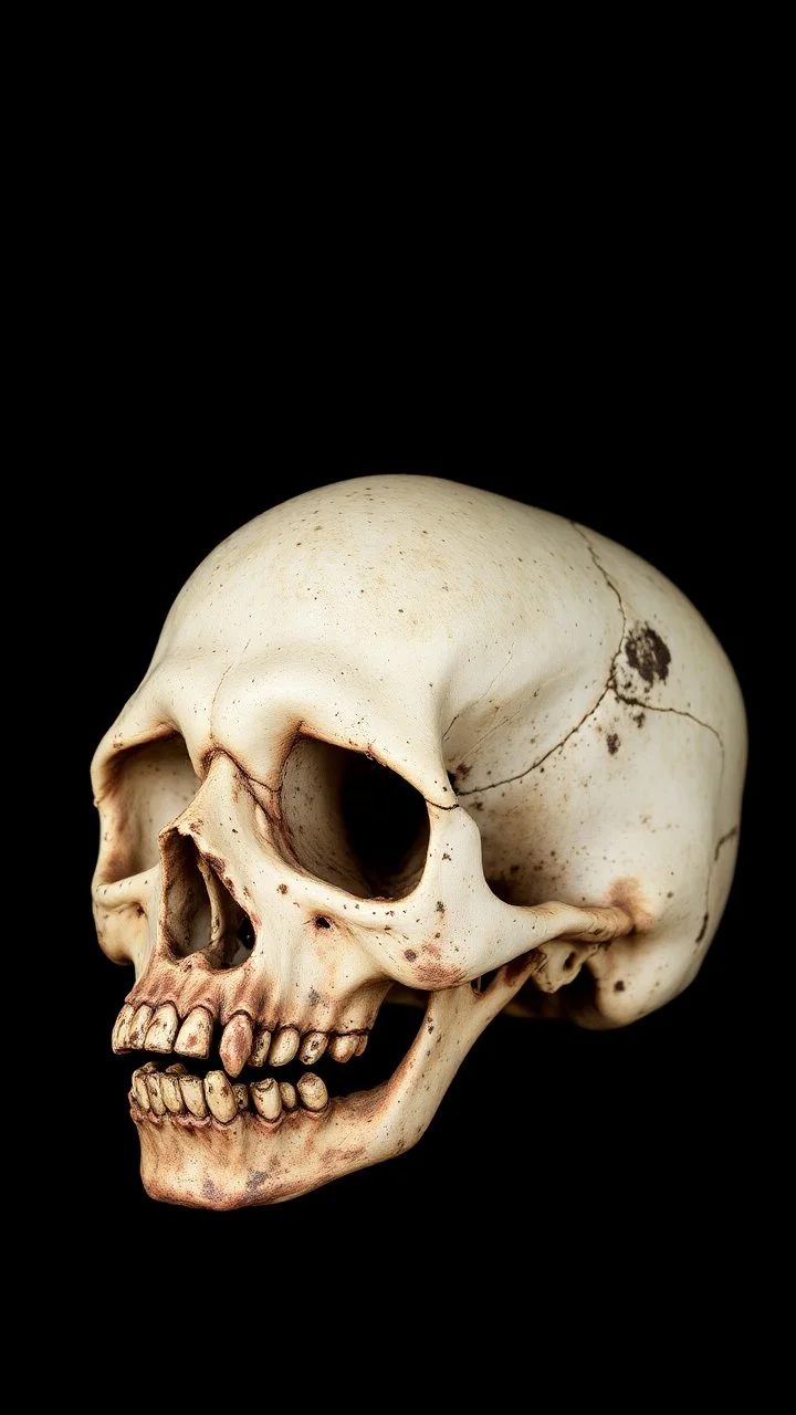 skull with no teeth covered in corrosion from a black background,