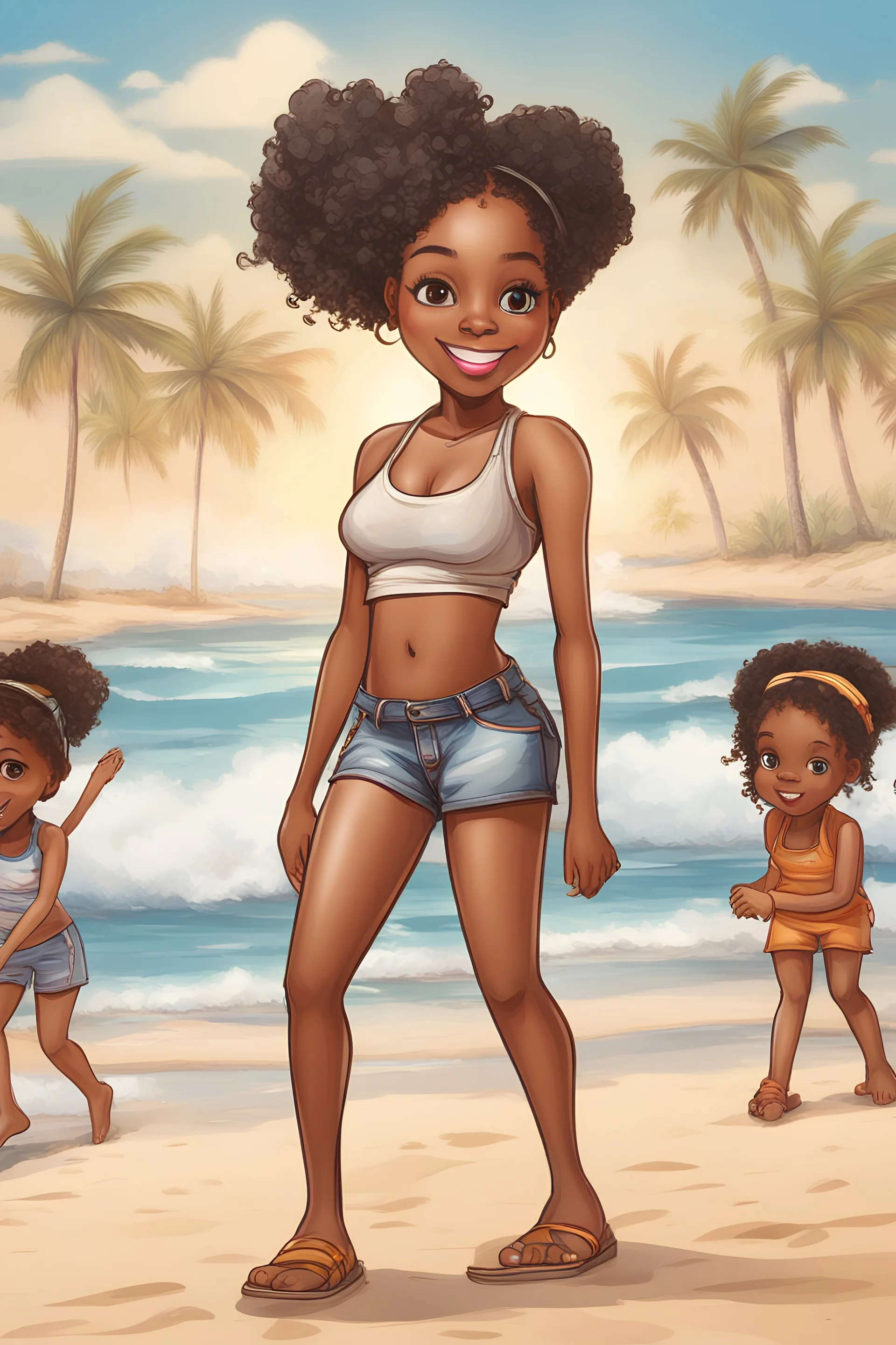 Imagine ai: caricature, clipart, cute elementary aged black girls with big eyes, they are wearing shorts on the sand, barefoot, standing on the sand at the beach, the ocean with waves behind them, sun shining, HDR, 8K, 3D rendered, subtle coloring --ar 45:46