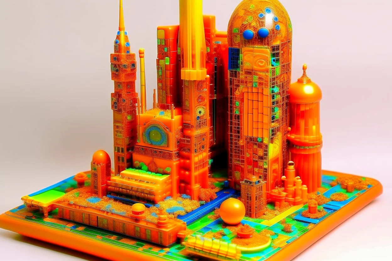 A salmon orange colored electrical city made out EDM instruments designed in Ica stones and sculptures painted by Gustav Klimt