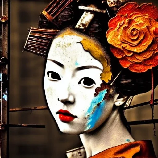 an abstract painting of rusted metal and flowers, Geisha portrait, rust, scaffolding, iron cladding, decay, mixed media, textured, anatomically correct, beautiful perfect face, sharp focus, highly detailed by Johannes Vermeer 8k