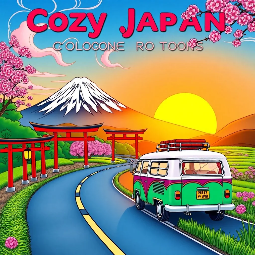 Create a book cover for "Cozy Japan Coloring Book" featuring a vibrant road trip scene through the Japanese countryside. A colorful retro van drives along a winding road lined with vivid red torii gates, glowing paper lanterns, and bright pink cherry blossoms in full bloom. Towering in the distance is Mount Fuji, its snowy peak glowing under a radiant blue sky with swirling clouds. Lush green rice paddies and orange sunset hues bathe the landscape in warmth. The van is bursting with charm—decora