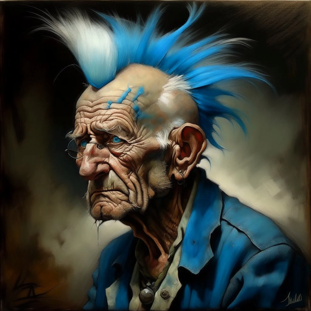 a detailed portrait of old man with a extravagant blue mohawk, the old man is always doing somehing different, Variations like fixing his truck, visiting his wife at the cemetary, going to punk rock shows, etc by edouard bisson, punk rock, oil painting, muted colors, soft lighting